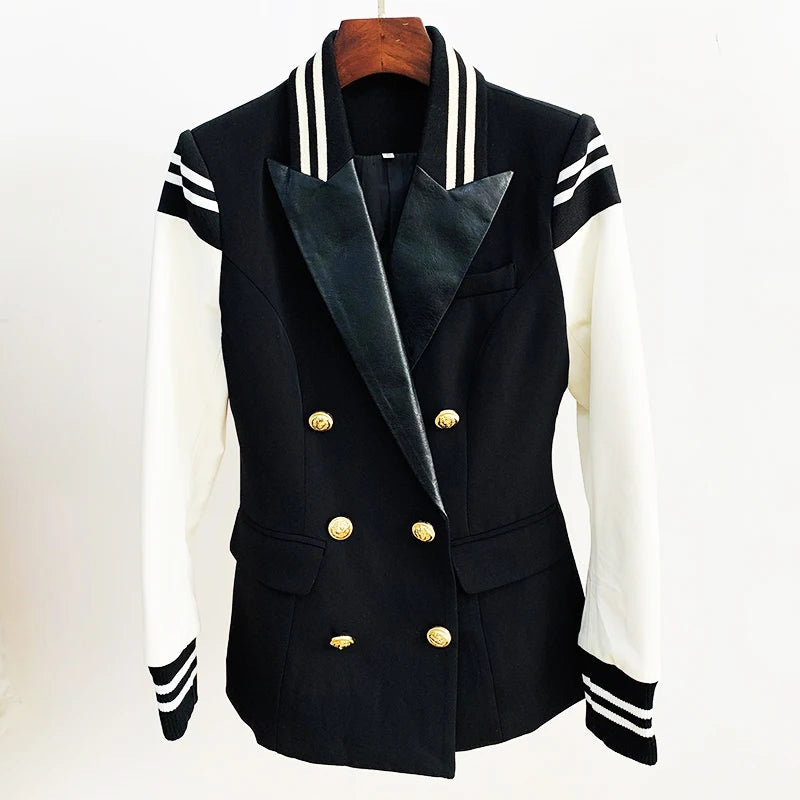 Classic Varsity Jacket Women's Lion Buttons Double Breasted Leather Patchwork
